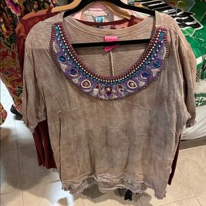Free People Beige Embellished Short Sleeve Top